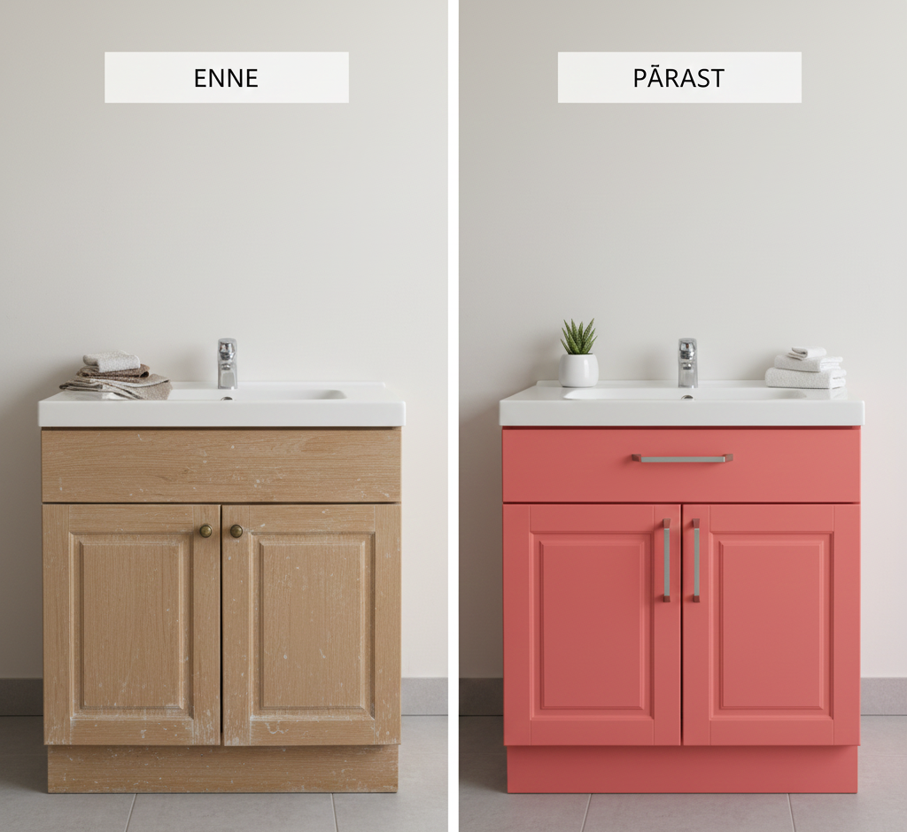 Köögi kapiuste enne ja pärast värvimist. Vasakul pool on näha kulunud puittoonides köögikapid, paremal pool samad kapid värvitud erksasse türkiissinisesse tooni. Pildil on tekstid "ENNE" ja "PÄRAST".